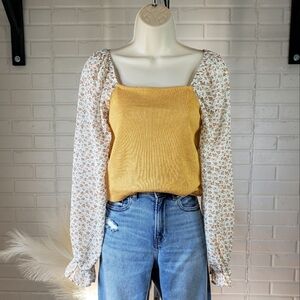 Ampersand Avenue Floral Balloon Sleeve Ribbed Feminie Top size Xtra Small Yellow